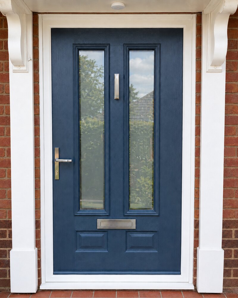 Navy blue composite front door with twin full-height glazing in Cambridgeshire