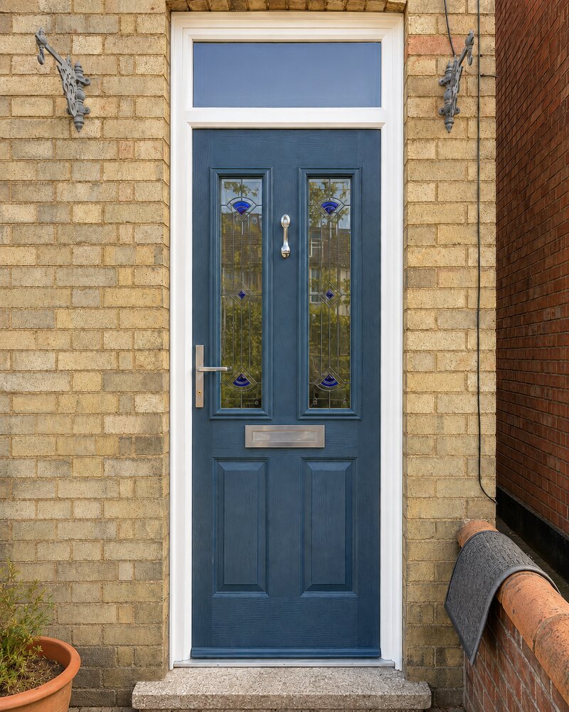 Blue composite door with leaded art-deco stained glass on a Rutland cottage