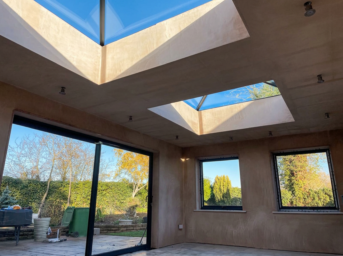 Interior view of two aluminium roof lanterns and anthracite sliding doors in a Lincolnshire extension