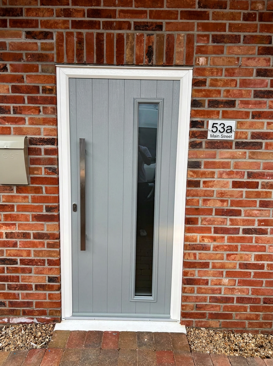 Soft grey contemporary composite front door with a slim vertical glass panel on a Stamford brick property