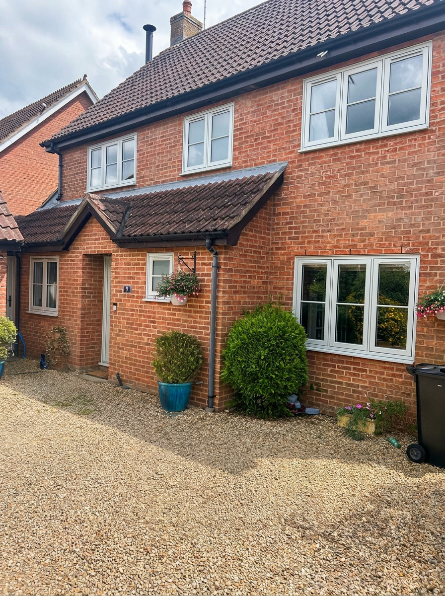 Detached Stamford house with replacement agate grey windows across the full front elevation