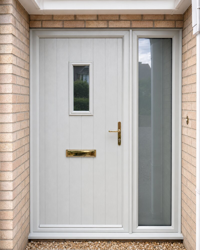 Pebble grey composite door with brass hardware and side panel in Lincolnshire