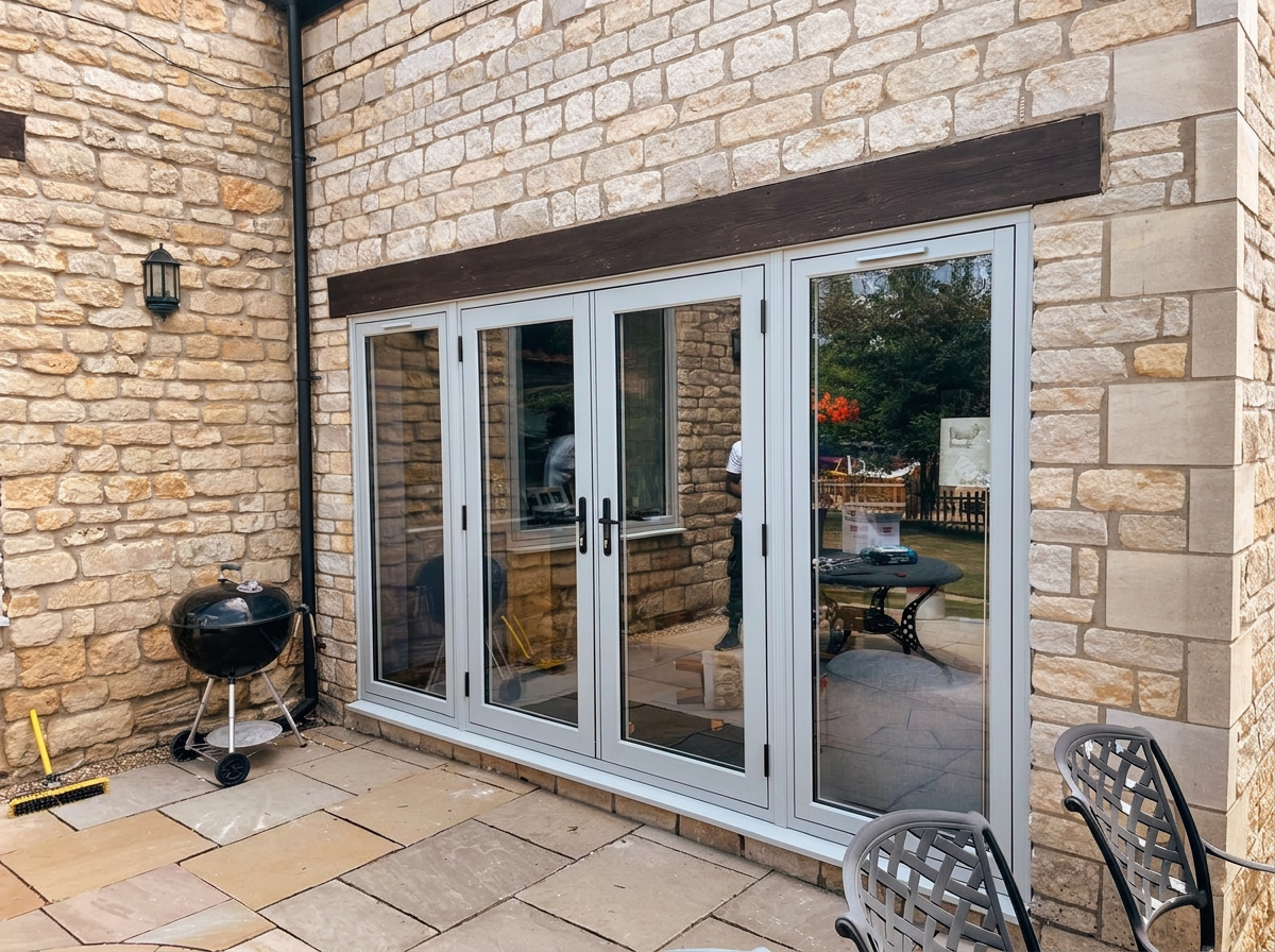 Agate grey aluminium four-leaf bi-fold doors fitted into a limestone cottage elevation in South Lincolnshire