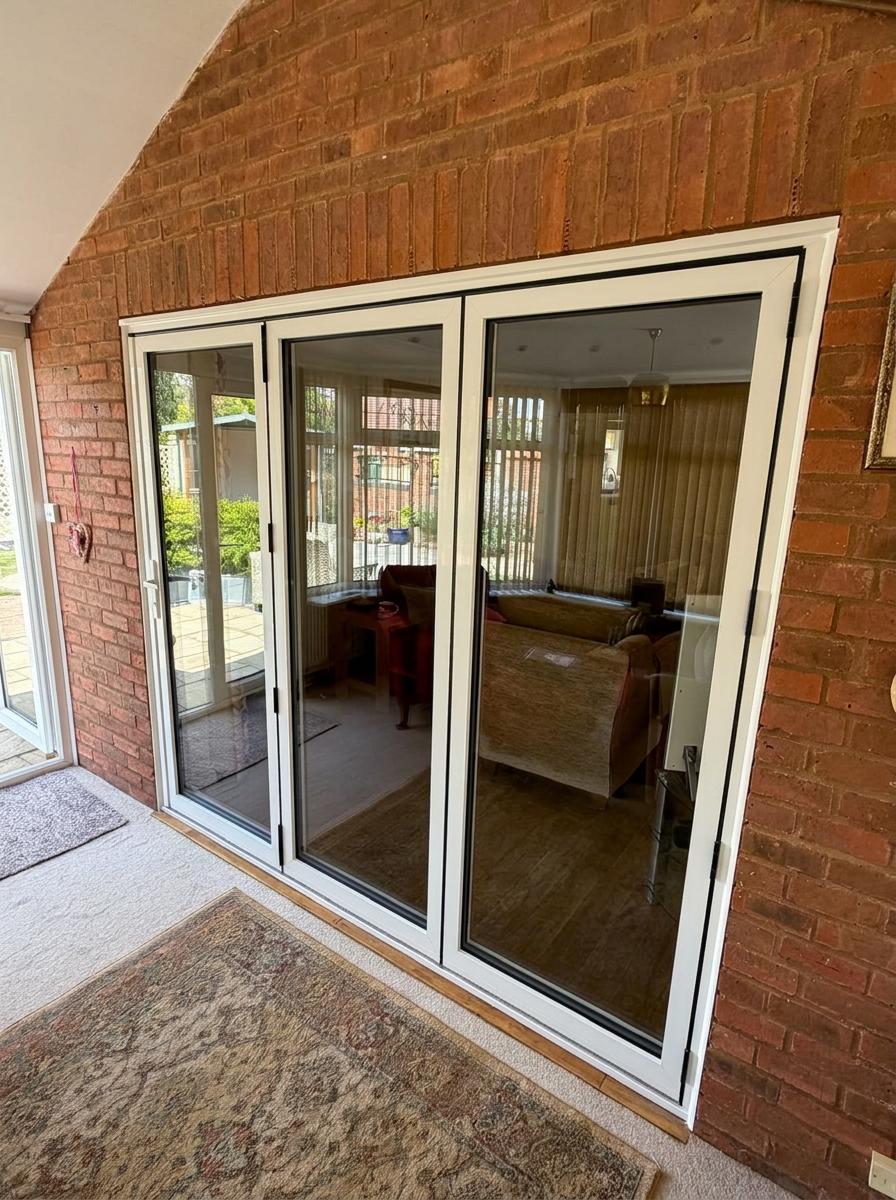 White aluminium bi-fold doors fitted into an internal red brick wall linking a hallway to a garden room in Lincolnshire