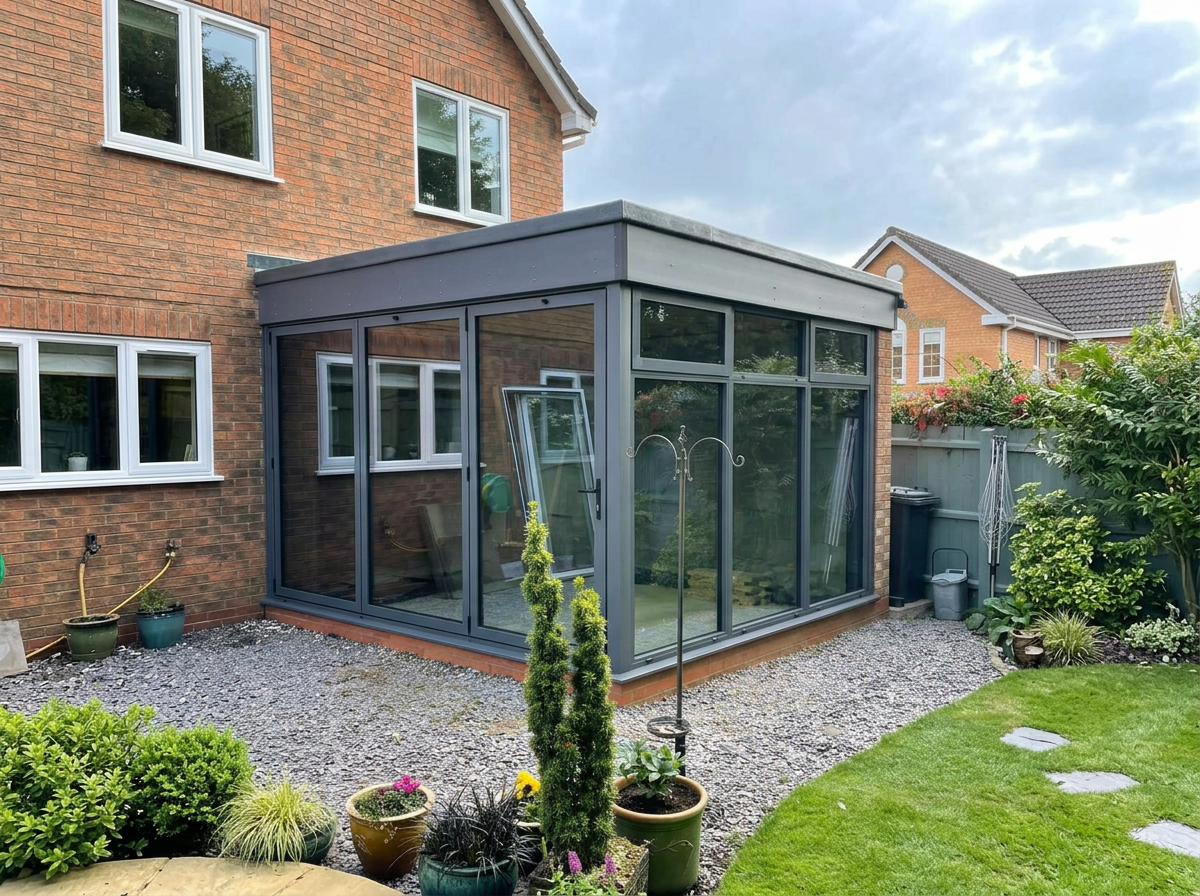 Contemporary anthracite aluminium flat-roof garden room with full-height glazing in Lincolnshire