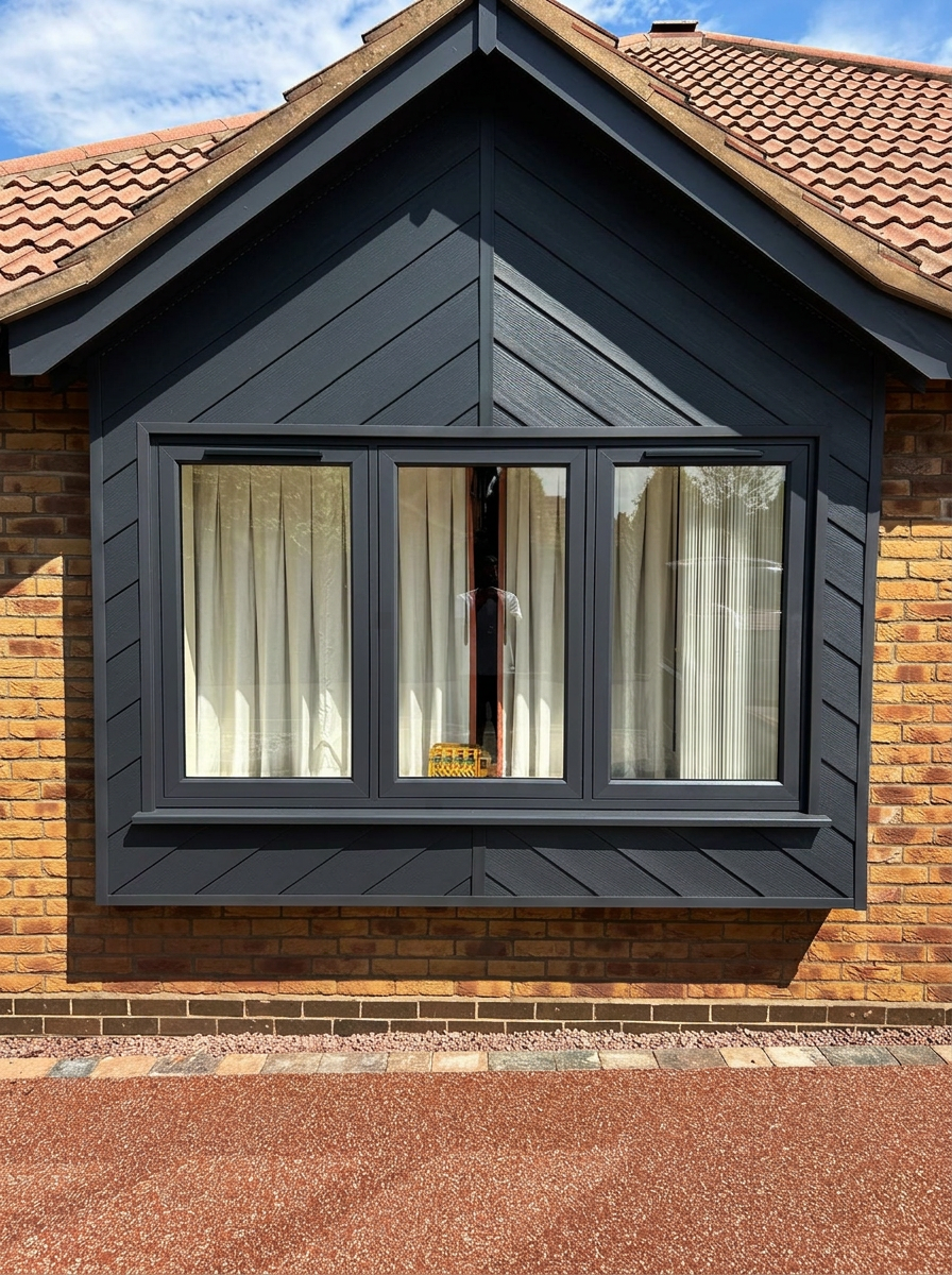 Anthracite grey window installation set into a clad gable on a Rutland home