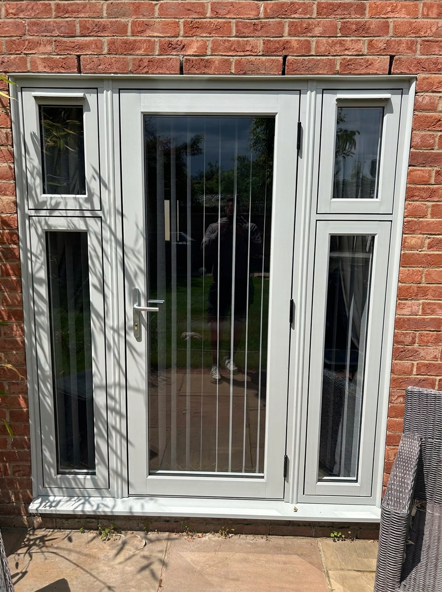 Cream back door with full-height glazing and narrow side lights installed on a brick Cambridgeshire home