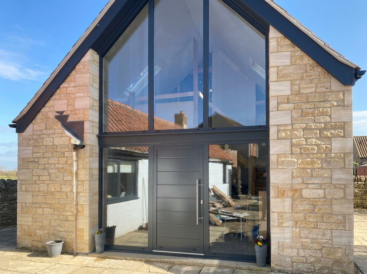 Anthracite aluminium entrance door with full-height gable glazing set into a limestone wall in Lincolnshire