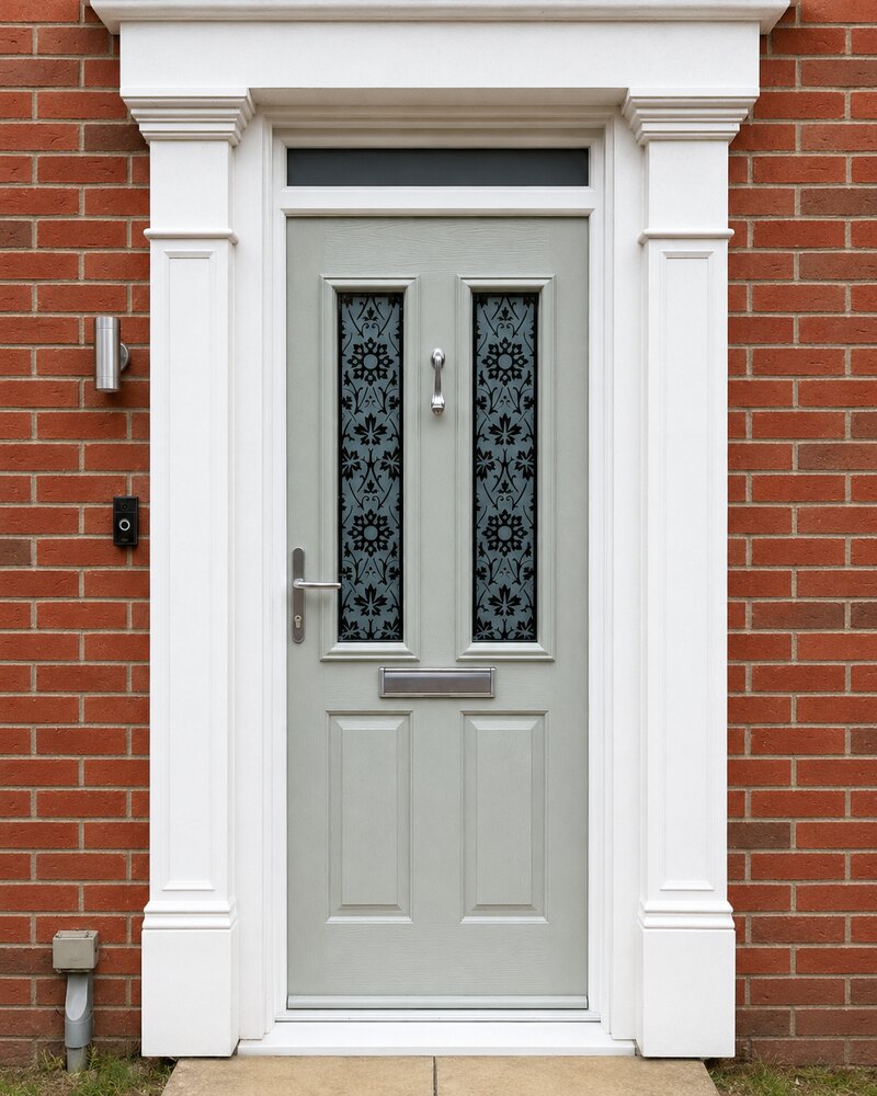 Sage grey composite door with decorative etched glass on a Rutland property