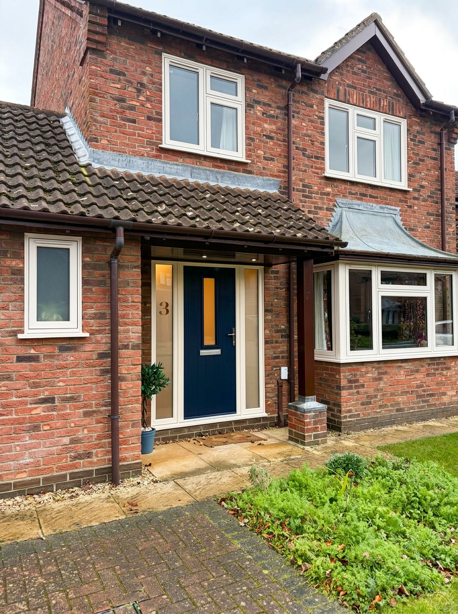 Navy composite front door with glazed side panels installed beneath a porch on a red brick South Lincolnshire home