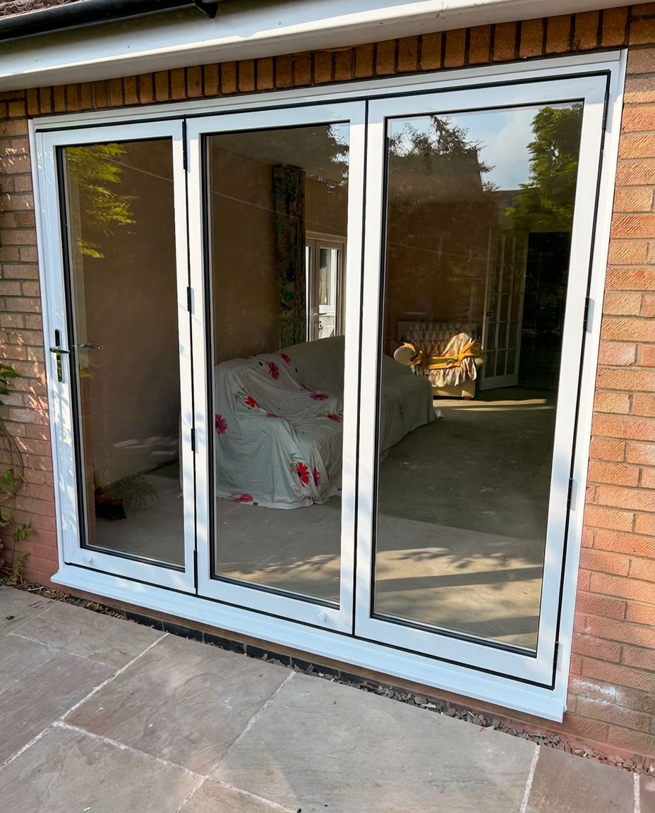 White aluminium three-leaf bi-fold doors installed in a red brick house opening onto a stone patio in Lincolnshire