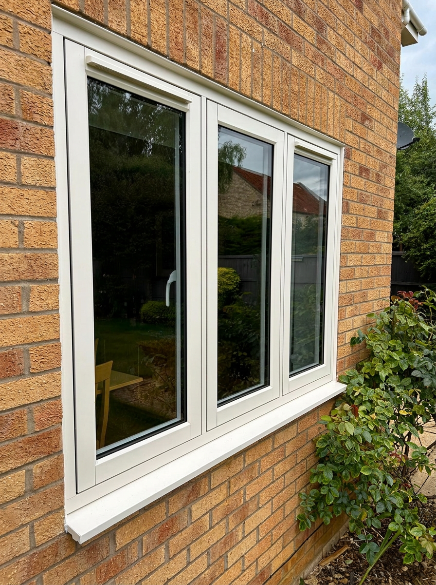 Cream three-light casement window fitted into a Rutland brick wall