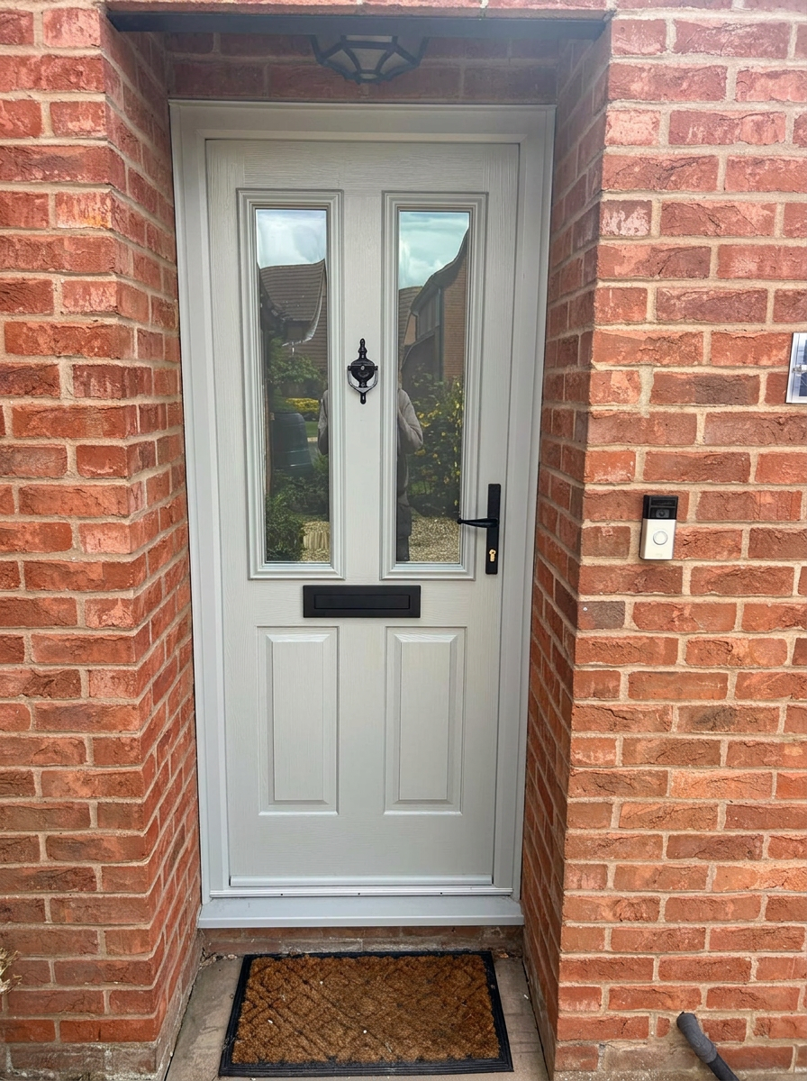 Pale grey composite front door with two vertical glazed panels on a red brick Lincolnshire property