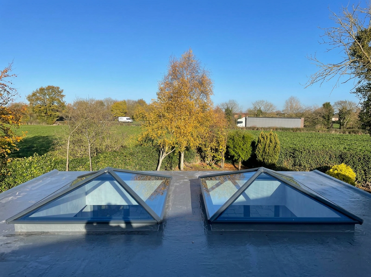 Two anthracite aluminium roof lanterns installed on a flat roof extension in Lincolnshire