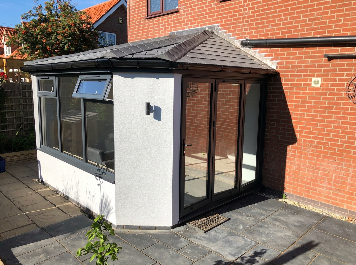 Conservatory with a grey tiled warm roof and anthracite bi-fold doors in South Lincolnshire