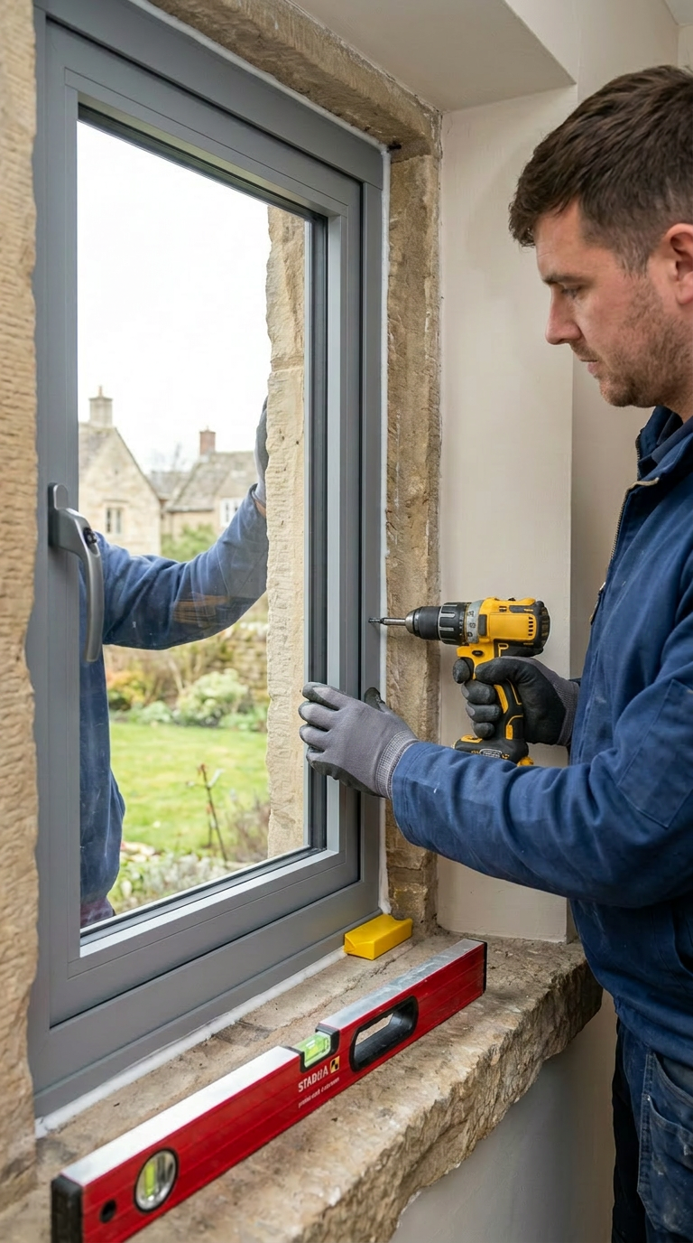 Close detail of slimline aluminium frame, hand-fitted into a stone reveal