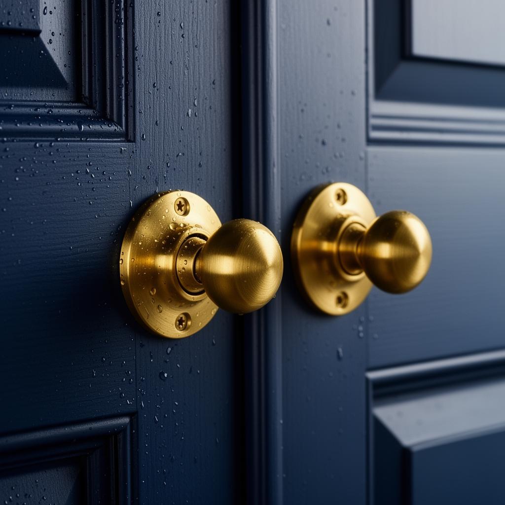 Brushed brass door hardware on a deep navy composite door