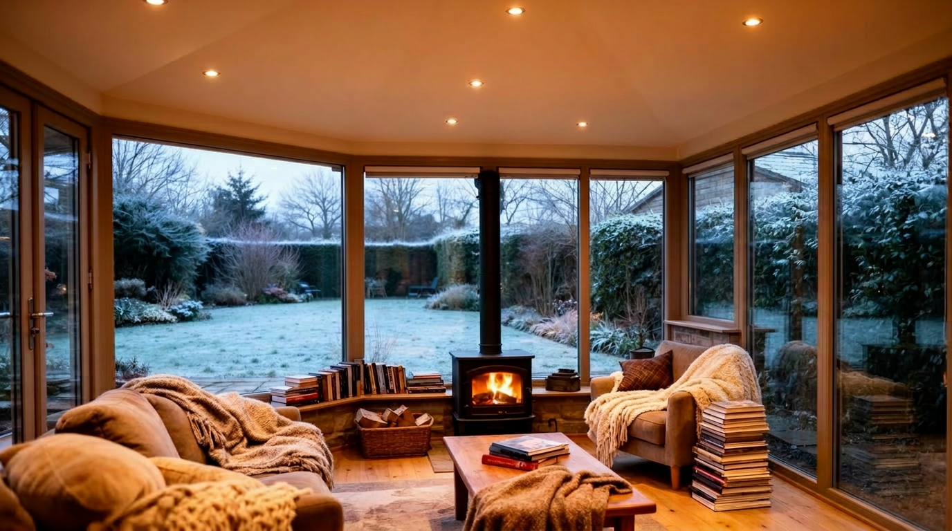 Warm roof conservatory extension with slate-effect tiled roof on a Lincolnshire home
