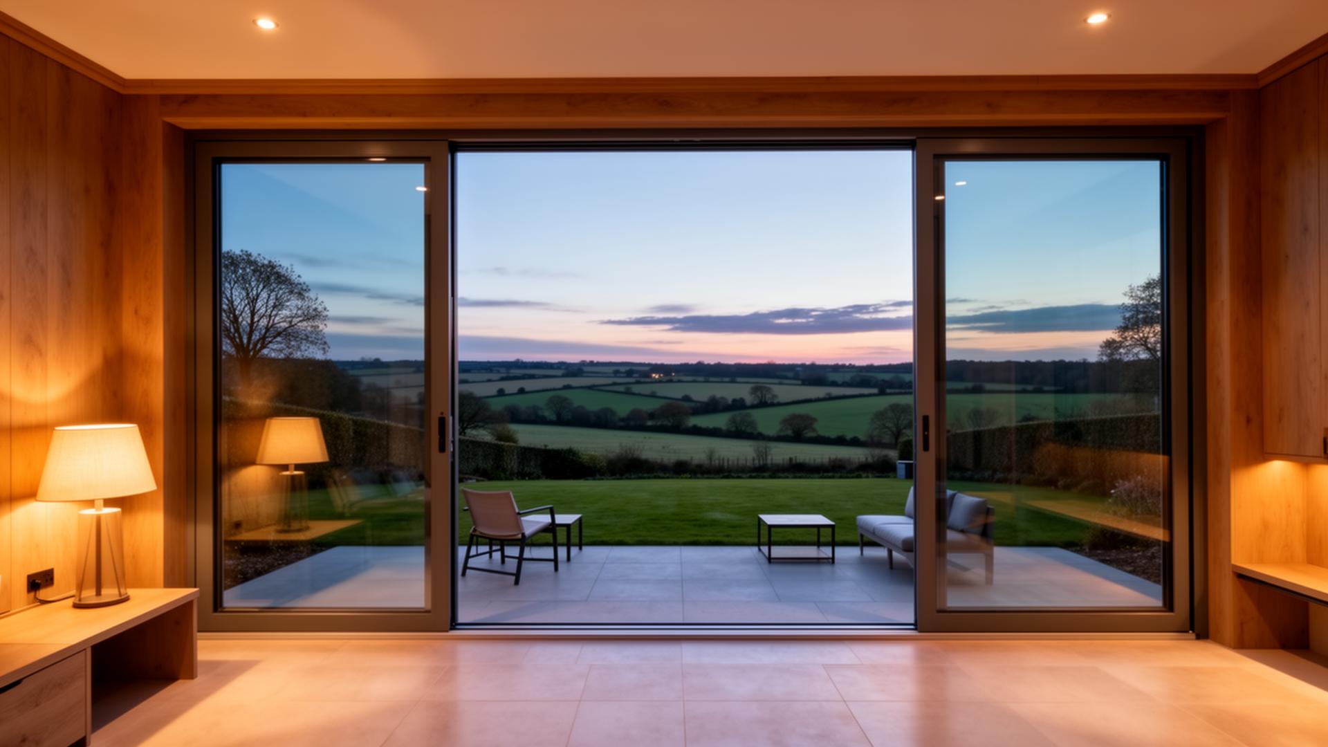 Slim-frame aluminium sliding patio doors in a Rutland garden room at dusk