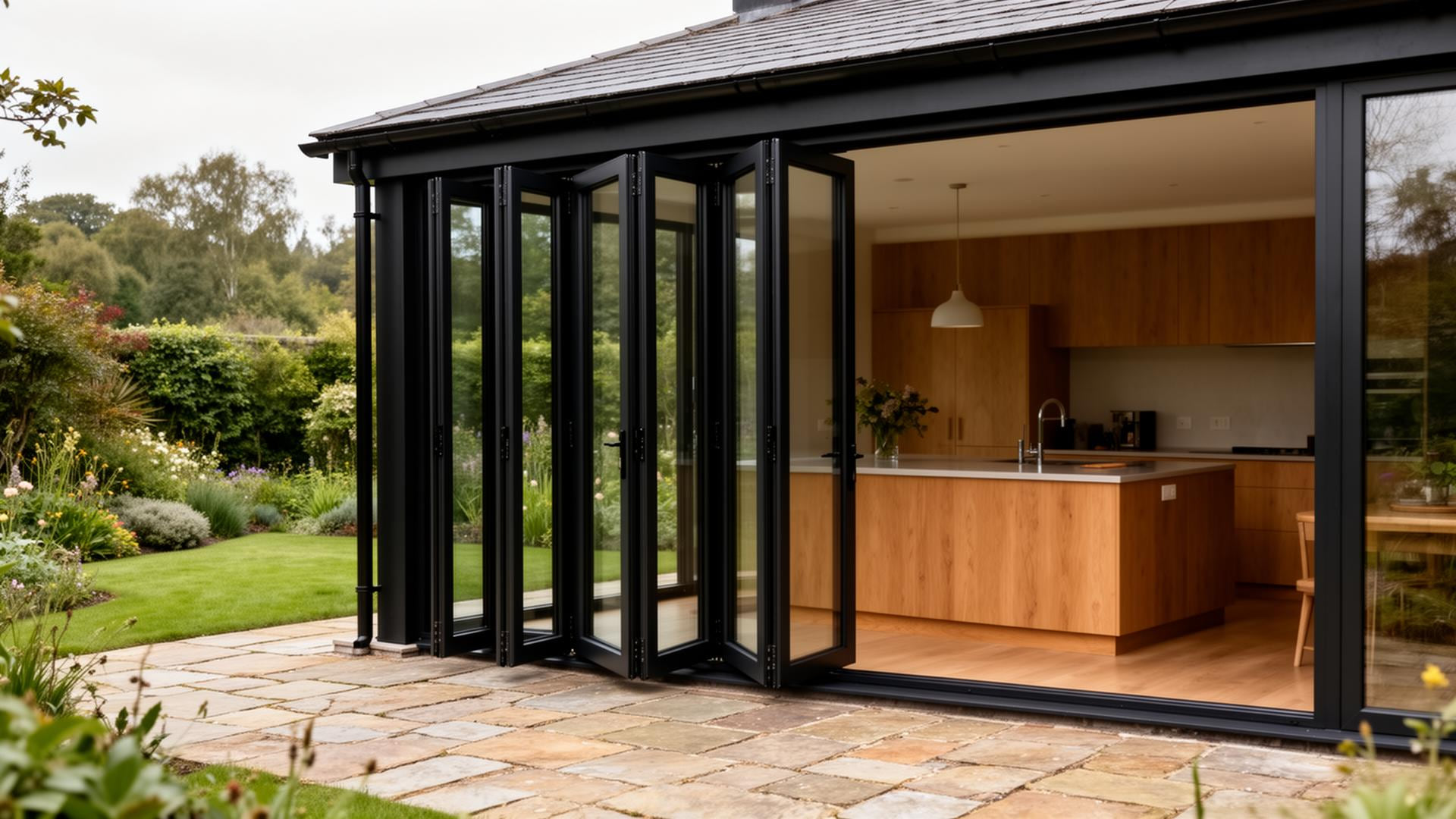 Black aluminium bi-fold doors opening onto a patio at a Lincolnshire kitchen extension