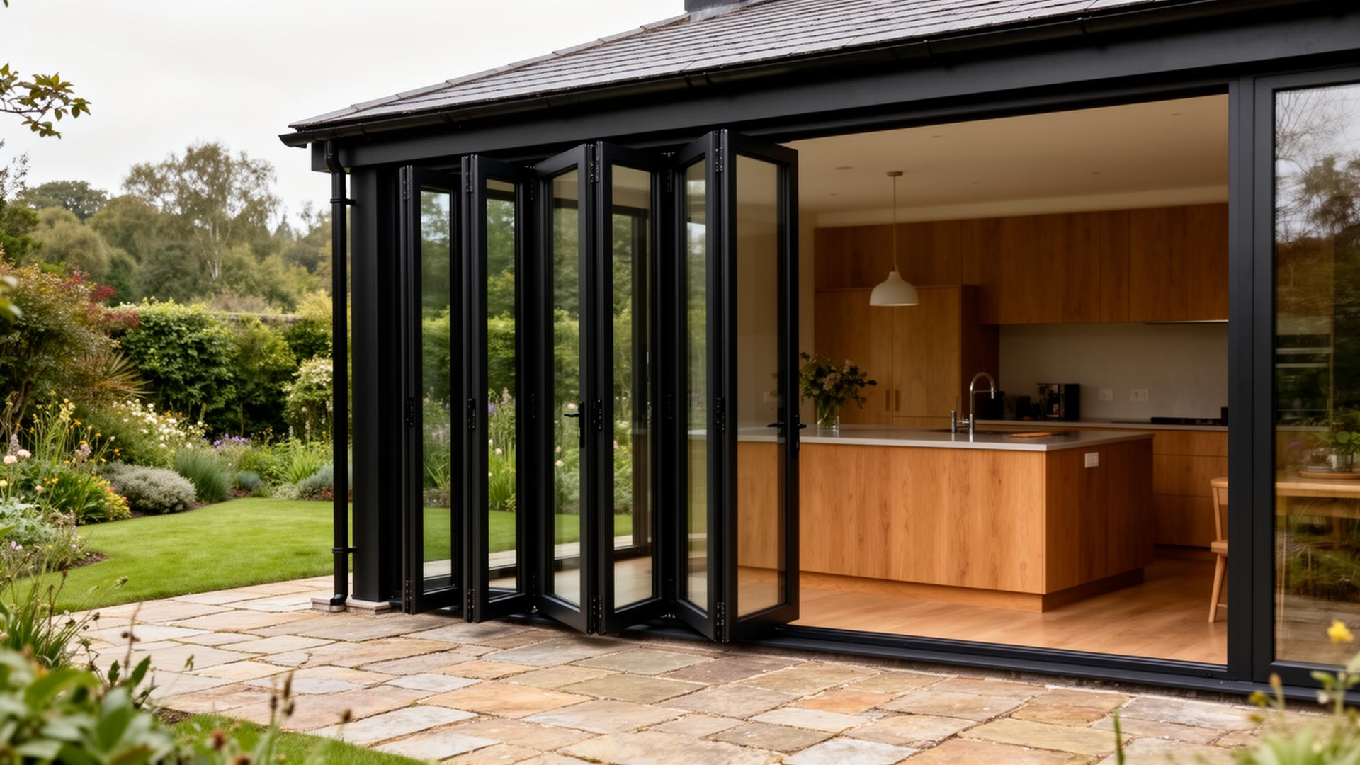 Black aluminium bi-fold doors opening onto a patio at a Lincolnshire kitchen extension
