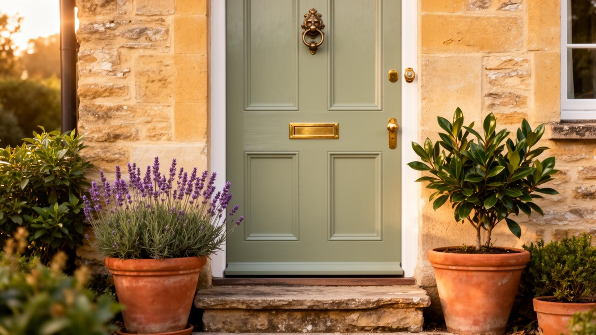 Coloured composite front door with brass hardware on a Stamford limestone cottage