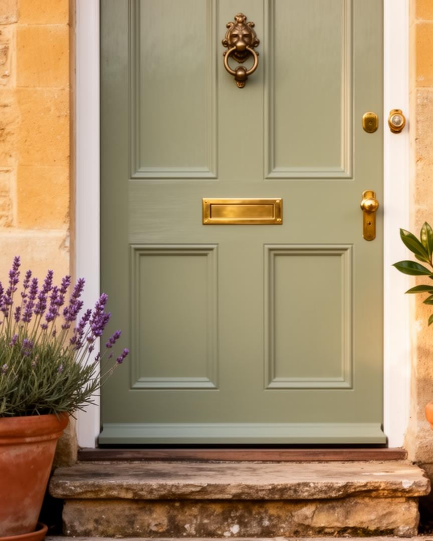 Coloured composite front door with brass hardware on a Stamford limestone cottage