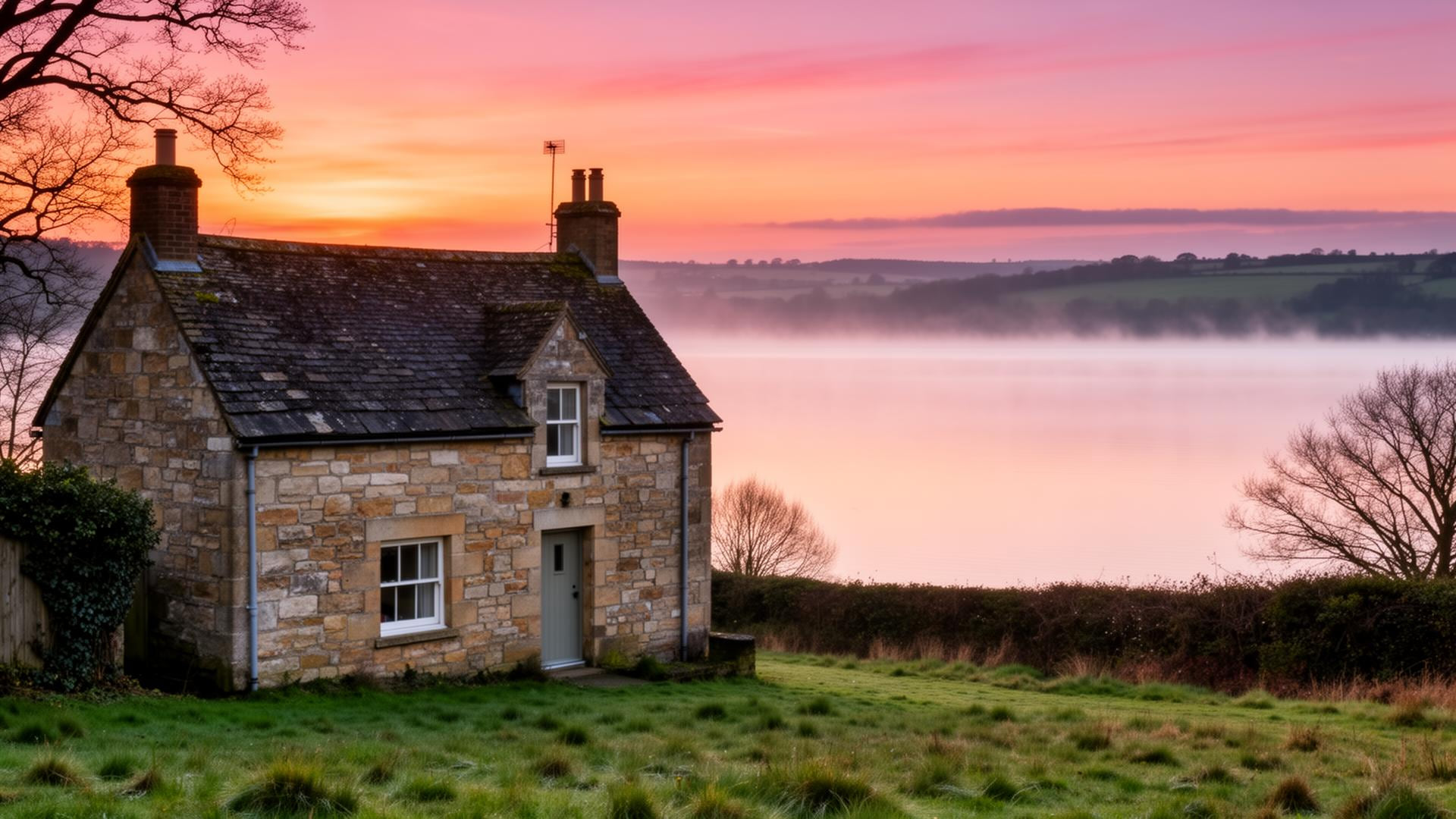 Stone cottage near Rutland Water at sunrise