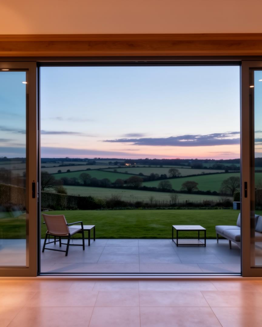 Slim-frame aluminium sliding patio doors in a Rutland garden room at dusk