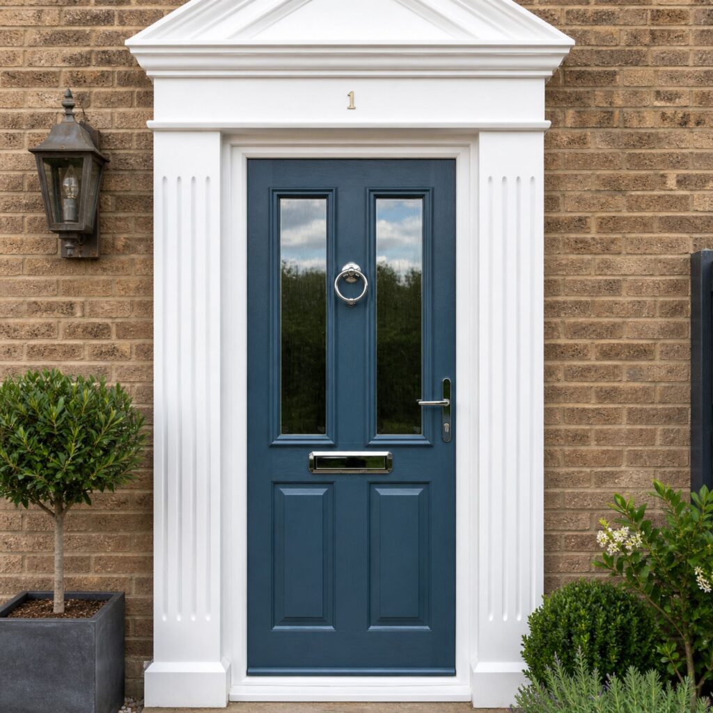 Navy blue composite front door with Georgian surround supplied and fitted in Stamford, Lincolnshire by AJ's Glass and Glazing